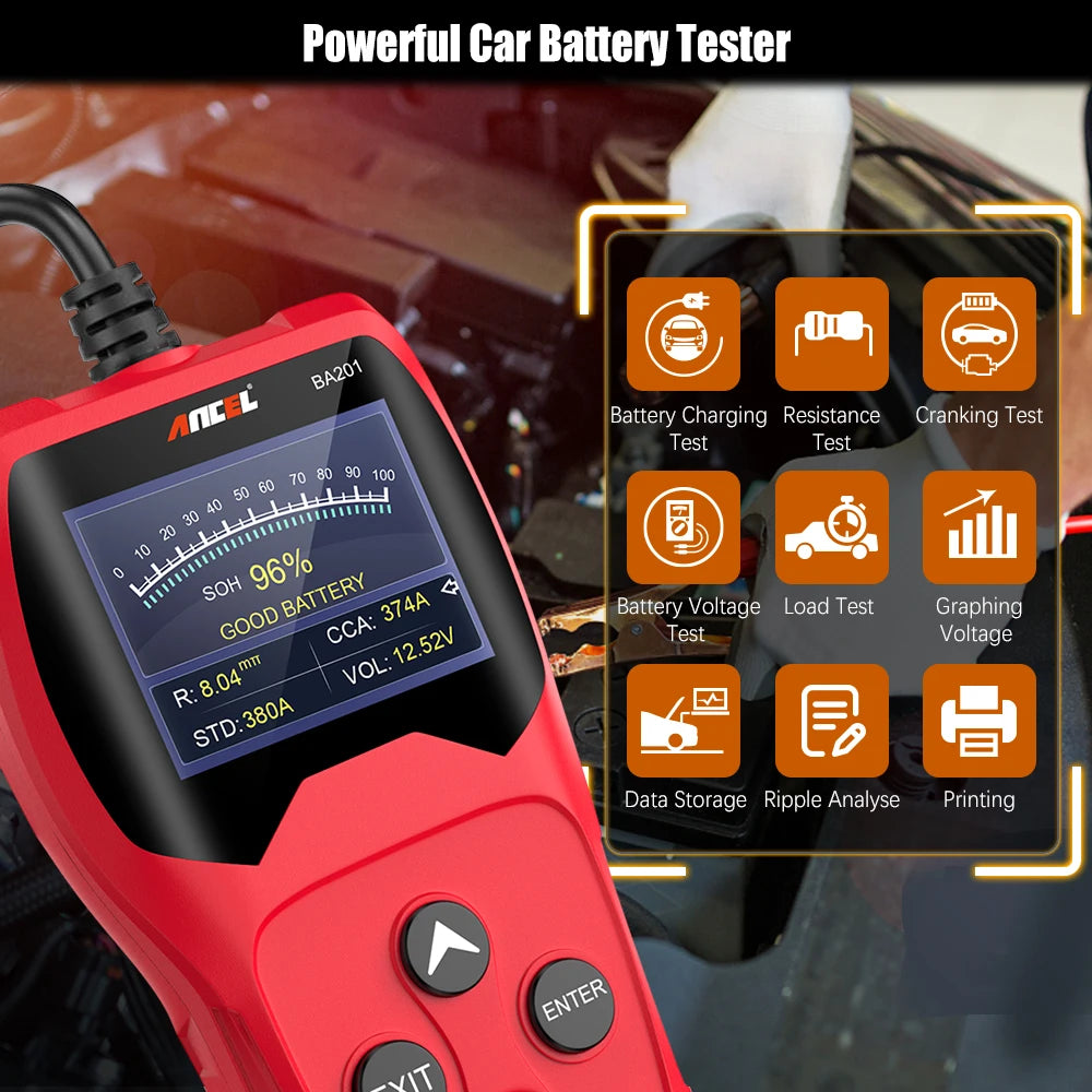 ANCEL BA201 Car Motorcycle Battery Tester Analyze 2000CCA 12V Loading Quick Cranking Charging Diagnostic Car Battery Tester Tool