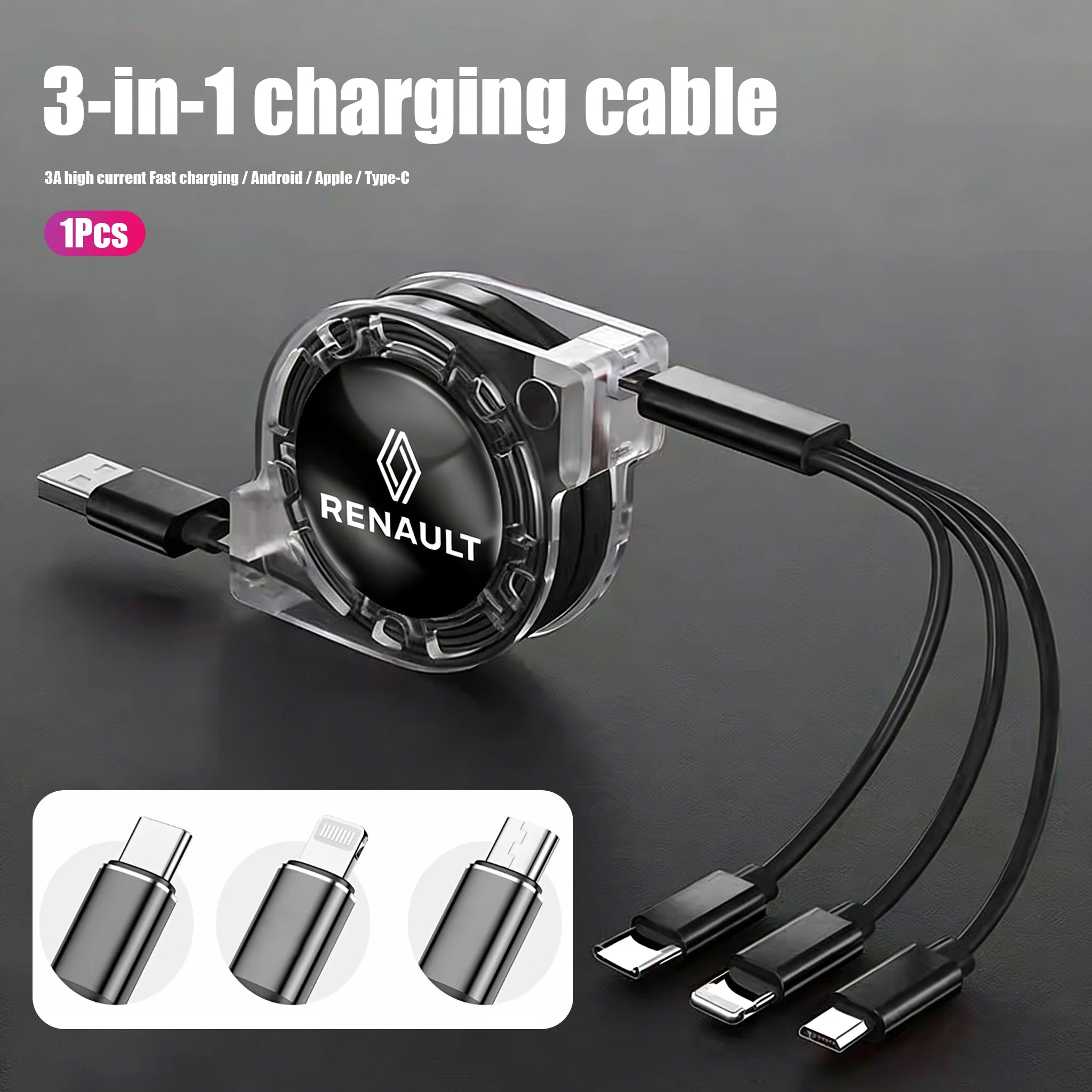 3-in-1 USB Fast Charging Cable 3A for Renault | Retractable Data Cable with 5 Gear Lengths
