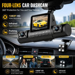 4 Lens Dash Cam 1080P Full HD 360 Degree View Car DVR 3.16 Inch IPS Screen Night Vision G Sensor Loop Recording Parking Monitor Wide Angle Laptop Connection Dashboard Camera for Complete Interior Exterior Safety Professional