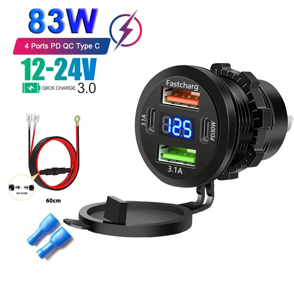 New Car USB Charger PD3.0 & QC3.0 Fast Charging Socket with Voltmeter On/Off Switch 12/2 detail view