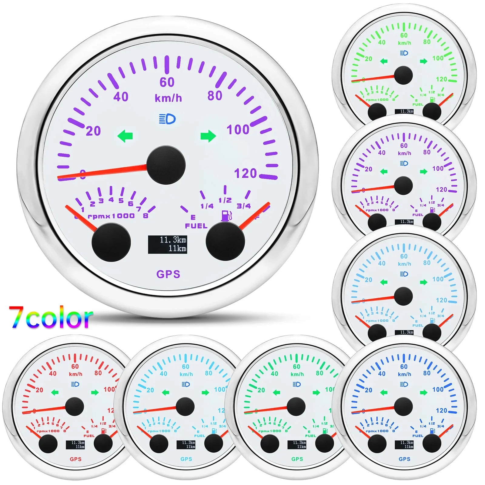 HD Customized 85MM 3 IN 1 Gauge 120kmh 120MPH GPS Speedometer Fuel Gauge Voltage Voltmeter Tachometer RPM Sesnor With Antenna