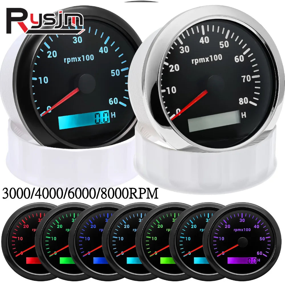 HD 85mm Tachometer with LCD Hourmeter | 7 Color Backlight Tacho Gauge for Marine Boat Car 12V/24V