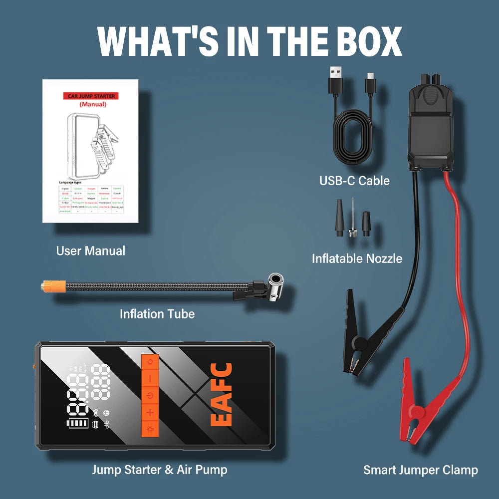 12V Car Jump Starter 4 In 1 Car Wireless Tire Inflator Pump Air Compressor Power Bank Potable Battery Starting Fast Charging