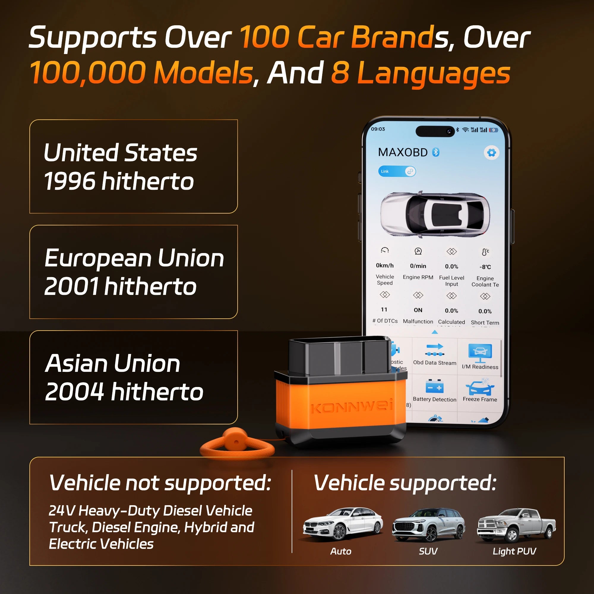 2025 KONNWEI KW905 OBD2 Bluetooth 5.0 ELM327 V1.5 Car Diagnostic Tool Engine Fault Cod close-up view