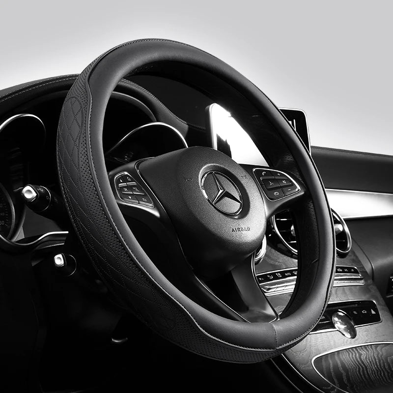 Napa Leather Perforated Patchwork Car Steering Wheel Cover, Non-slip, Breathable, Fits close-up view
