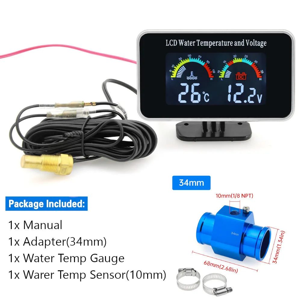 HD Car LCD Water Temperature Meter Thermometer Voltmeter Gauge 2in1 Temp&Voltage Meter 10mm Sensor 26~40mm Adapter(Option)12V/24