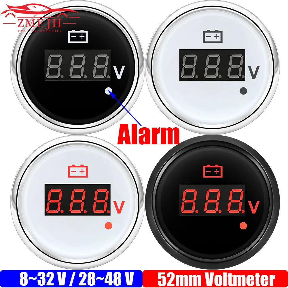 8-32V 28-48V 52mm Digital Voltmeter with Red Alarm Light | Waterproof Voltage Gauge for Car Boat Mar