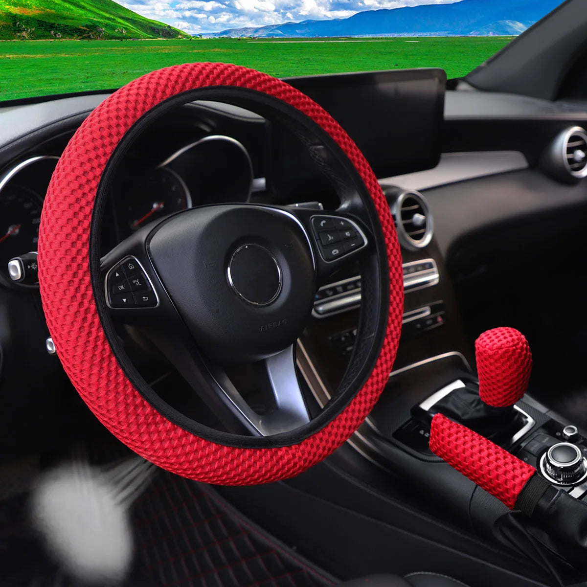 3 Car Massage Mesh Cloth Steering Wheel Cover Handbrake & Handle Cover Set Breathable No detail view