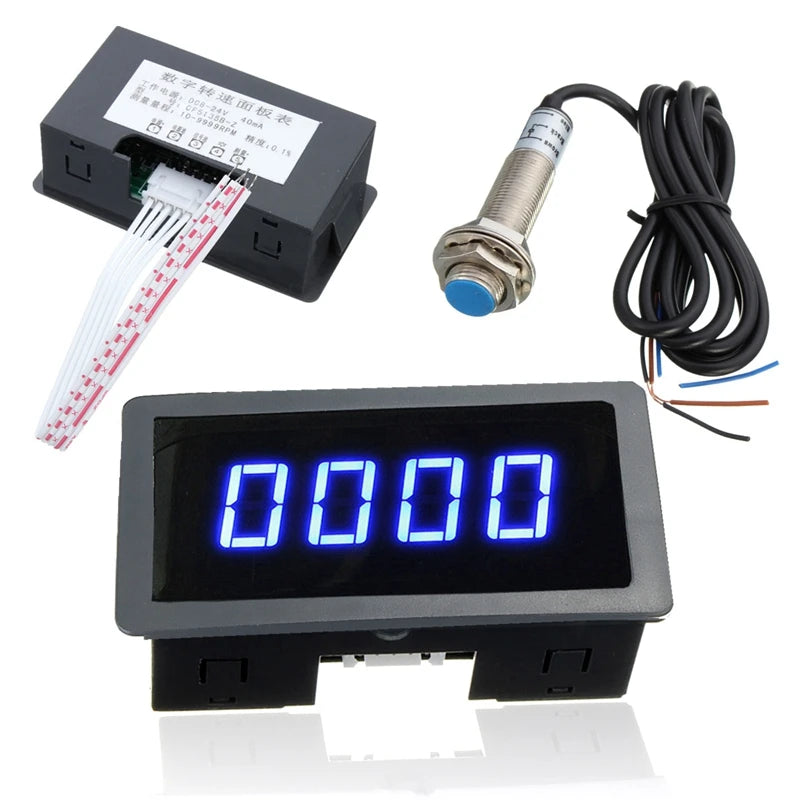 4 Digital LED Blue Green Tachometer Gauge RPM Speed Meter with Hall Proximity Switch Sensor | NPN 12