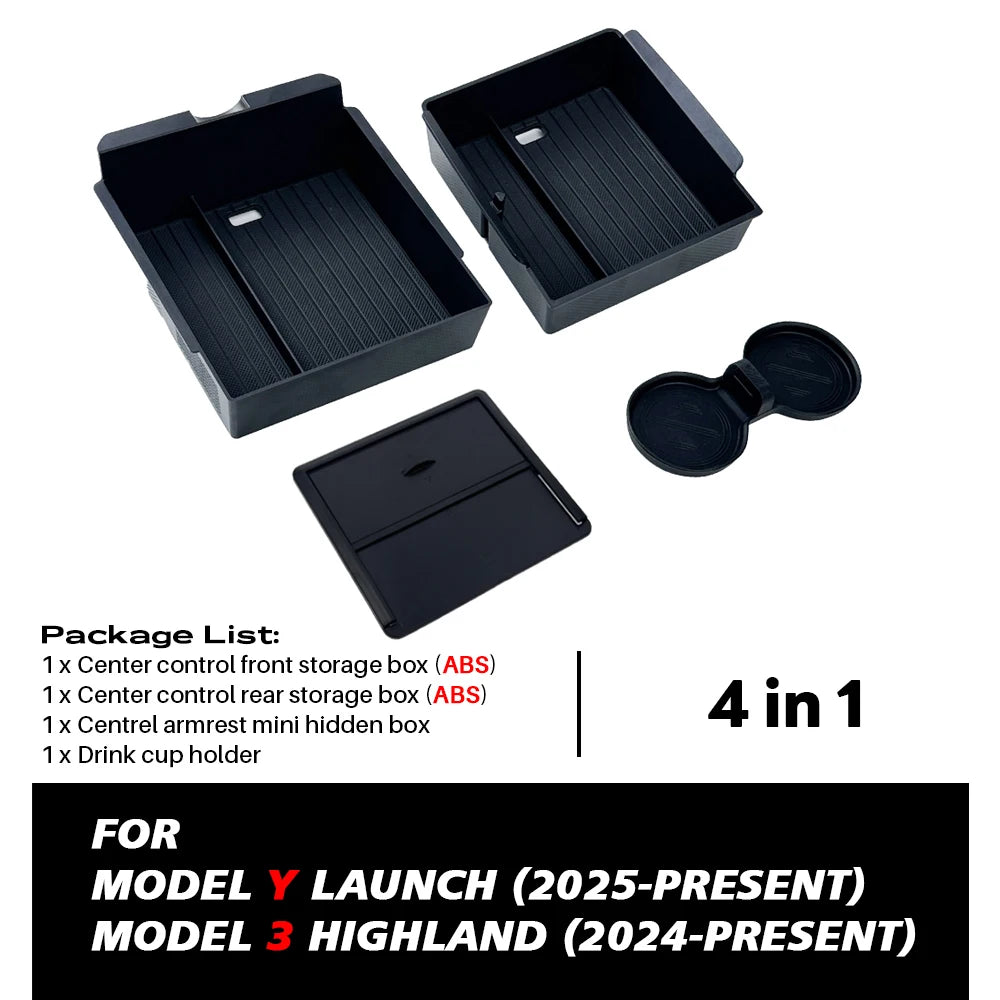 TESY for Tesla Model YL Y Juniper Launch Model 3 Highland Console Armrest Storage Box Organizer Flocking ABS with Silicone Pad