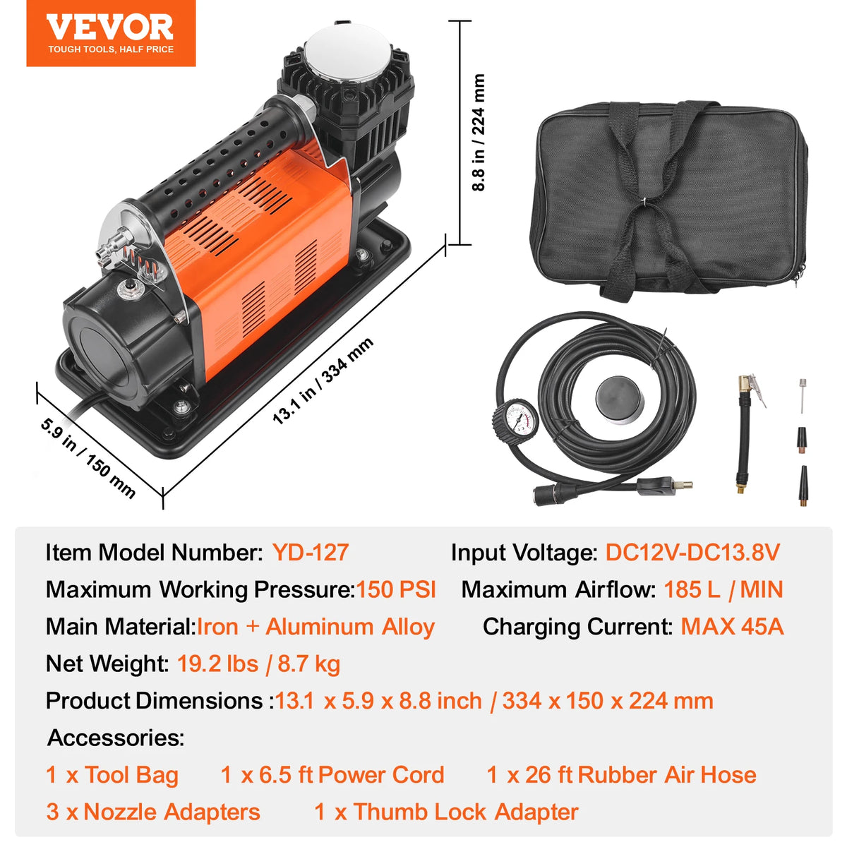 SucceBuy 12V Portable Tire Inflator 7.06CFM Heavy Duty Air Compressor 150PSI Offroad Air Pump with Adapters for Car SUV RV Truck