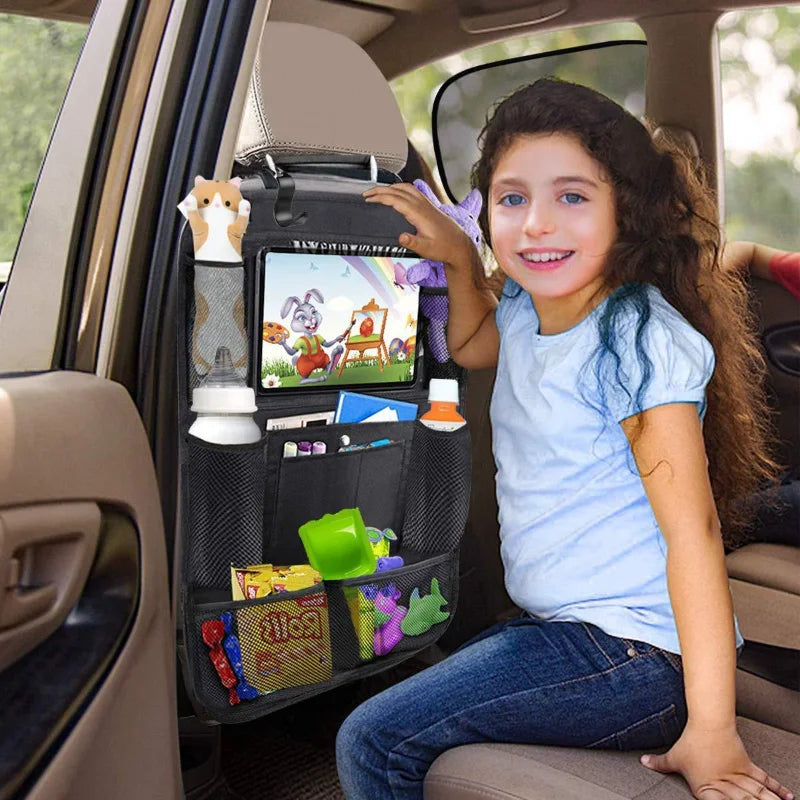 Car Backseat Organizer with Touch Screen Tablet Holder Auto Storage Pockets Cover Car close-up view