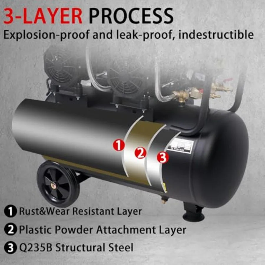 13.2 Gallon Ultra Quiet Air Compressor 115Psi Steel Tank Oil-Free for Tire Inflation Pneumatic Tools Spray Painting 72dB Noise