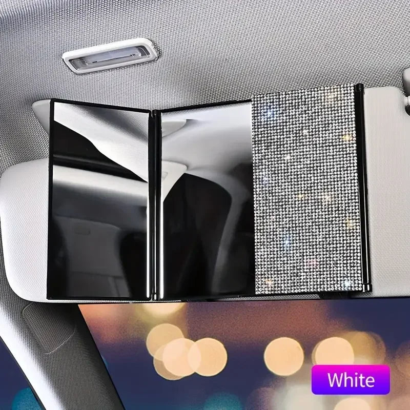 Rhinestone Crystal Car Rear View Mirror Makeup and Magnification Three-mirror Sun Visor Decor Cosmetic Mirror Auto Accessories