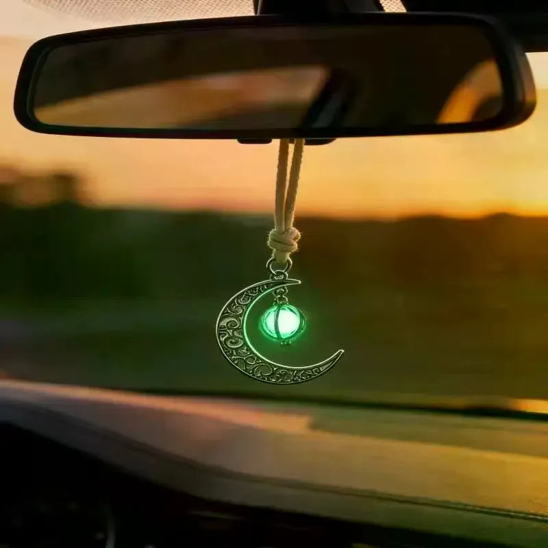 Moon Pendant Car Hanging Ornament | Hollow Crescent Design With Luminous Stone