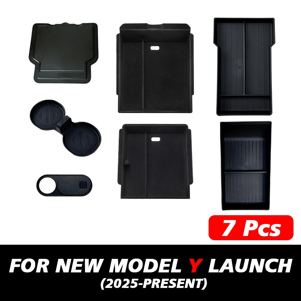 For Tesla New Model Y Juniper 2025 Launch Console & Armrest Upper and Lower Flocking Storage Box Watercup Holder Camera Cover