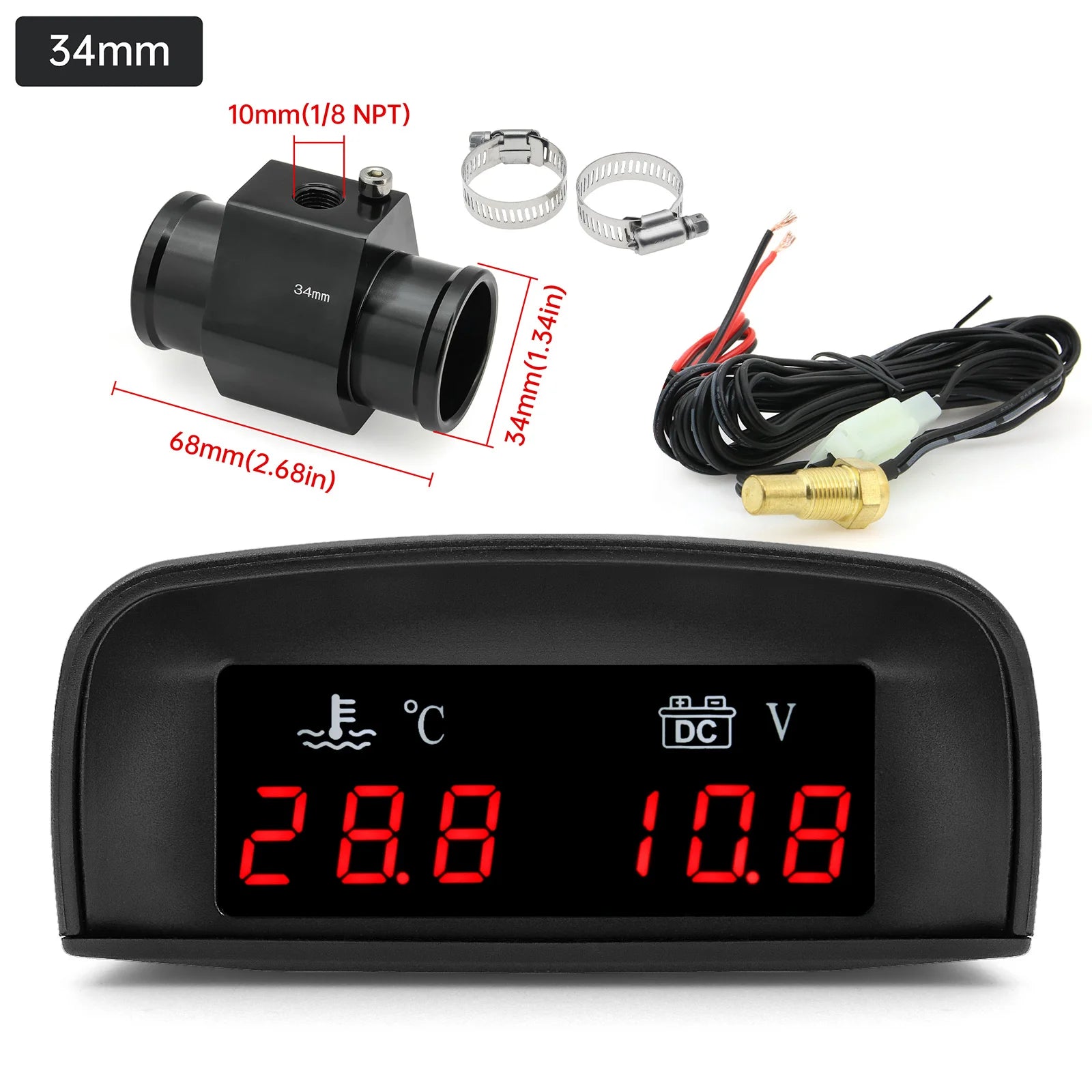 2 In 1 Car Water Temperature and Voltage Gauge | Digital LCD Display with 1/8 NPT S additional angle