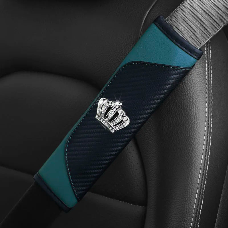 Diamond-Encrusted PU Carbon Fiber Leather Crown Car Shoulder Guard Safety Belt Deco additional angle