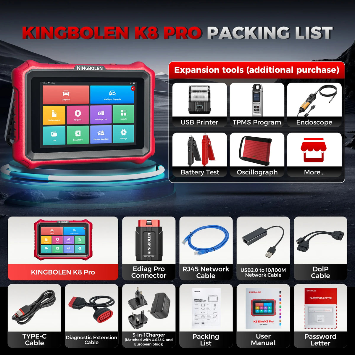 KINGBOLEN K8 PRO K8 ELITE Lifetime Free Update Car Diagnostic Tools Online ECU Coding Bidirectionnal All Service OBD2 Scanner