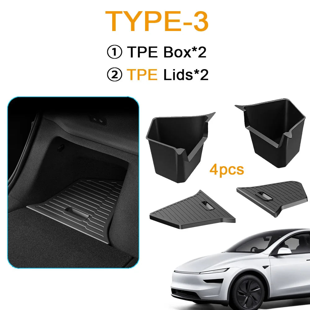 USVOTOV Tesla Model Y Juniper 2025 Trunk Organizer – TPE Rear Trunk Side Storage Bins detail view