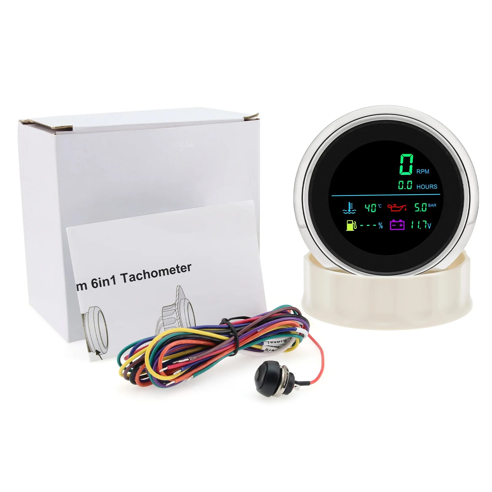 85mm 6 in 1 LCD MultiFunction Gauge | Tachometer Fuel Level Water Temp Oil Pressure additional angle