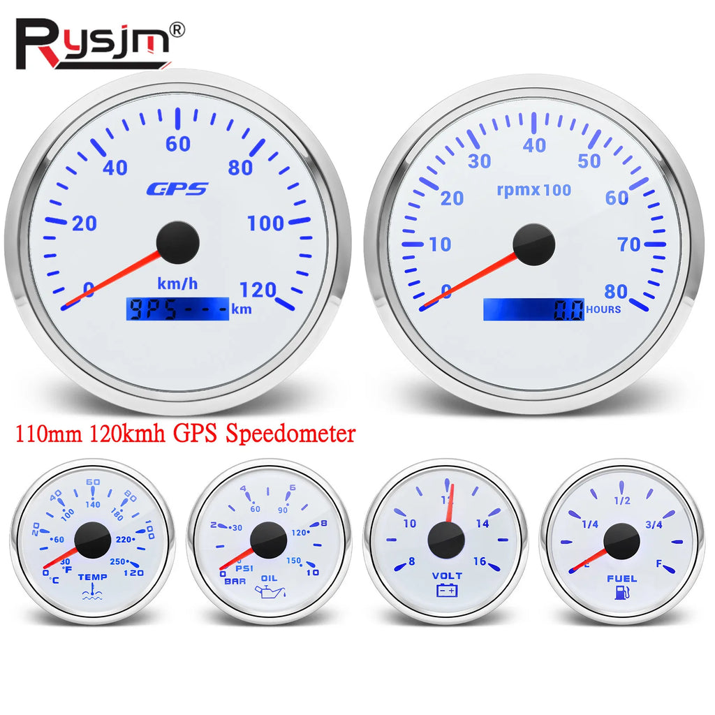 110mm Gauge+52mm Gauges 6 Gauge Set With Sensors 120MPH GPS Speedometer 8000rpm Tachometer Voltmeter Temp Press Fuel 240-33ohm