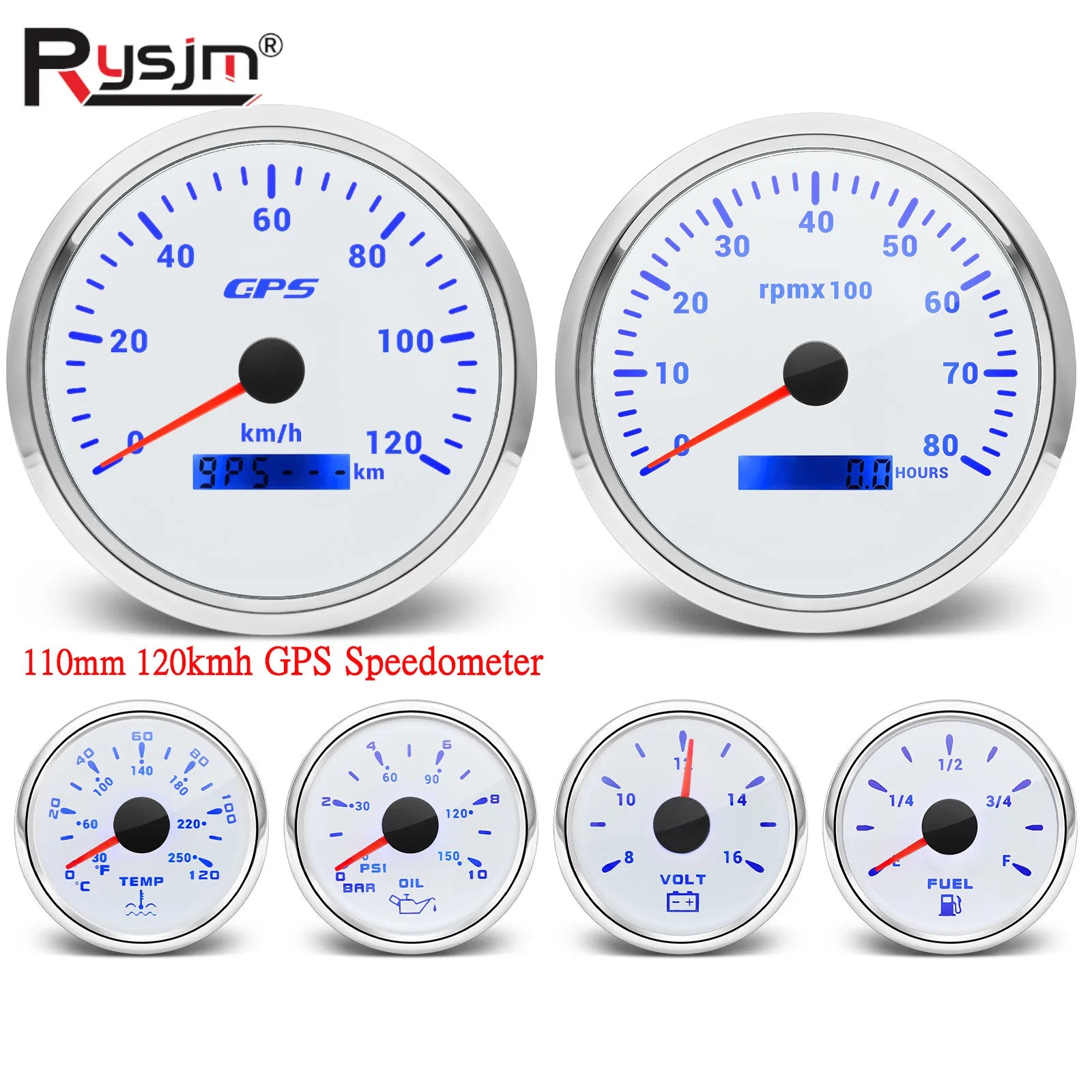 6 Gauge Set with GPS Speedometer, Tachometer, Voltmeter, and Sensors | 110mm and 52mm close-up view