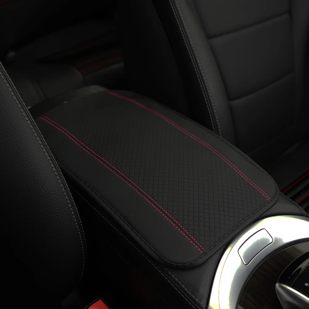Color-Matched Double-Strand PU Leather Check-Pattern Embossed Car Armrest Pad Center Console Pad Car Decoration Item