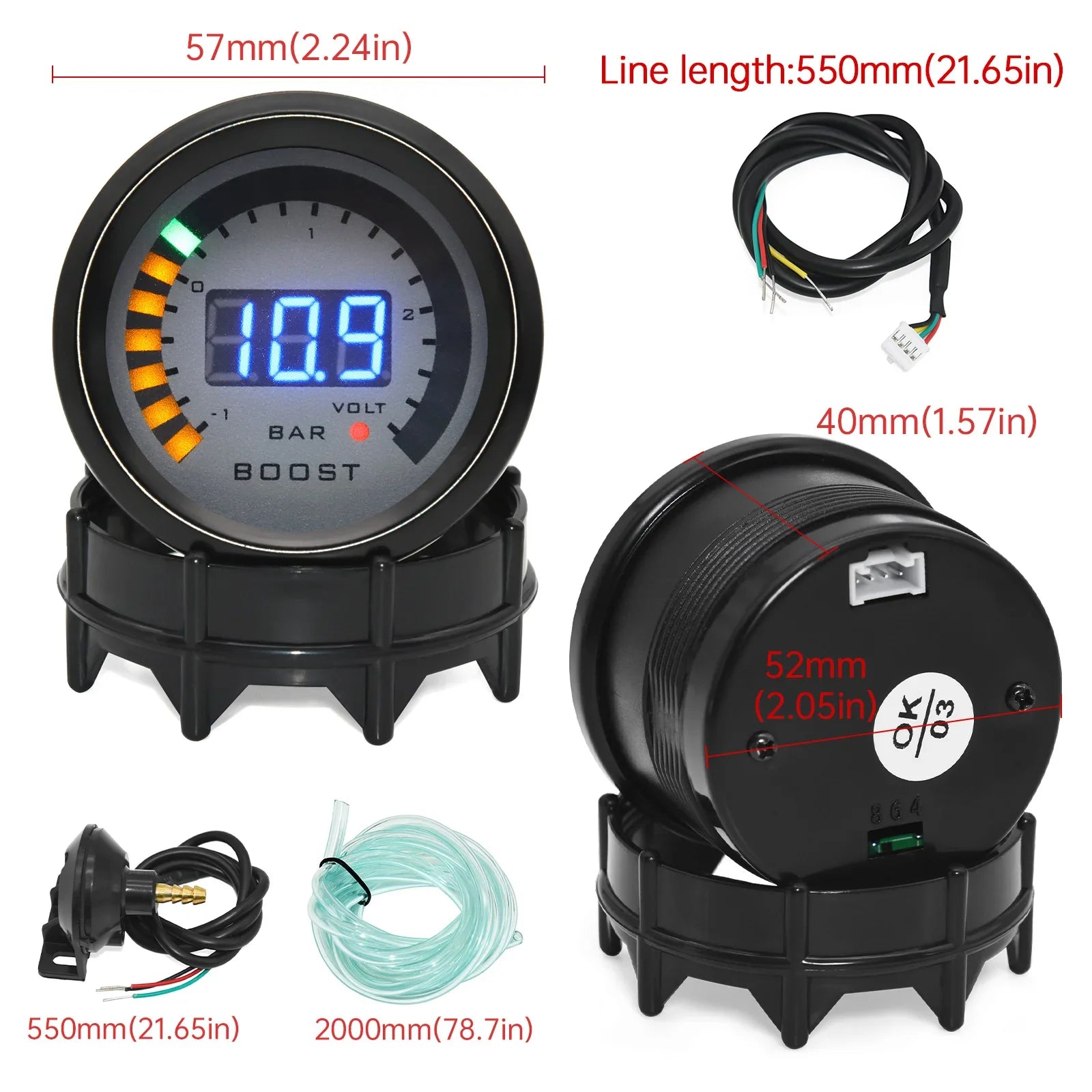 52mm Turbo Boost Gauge | Universal Car Turbo Meter with Sensor for Gasoline 12V alternate view