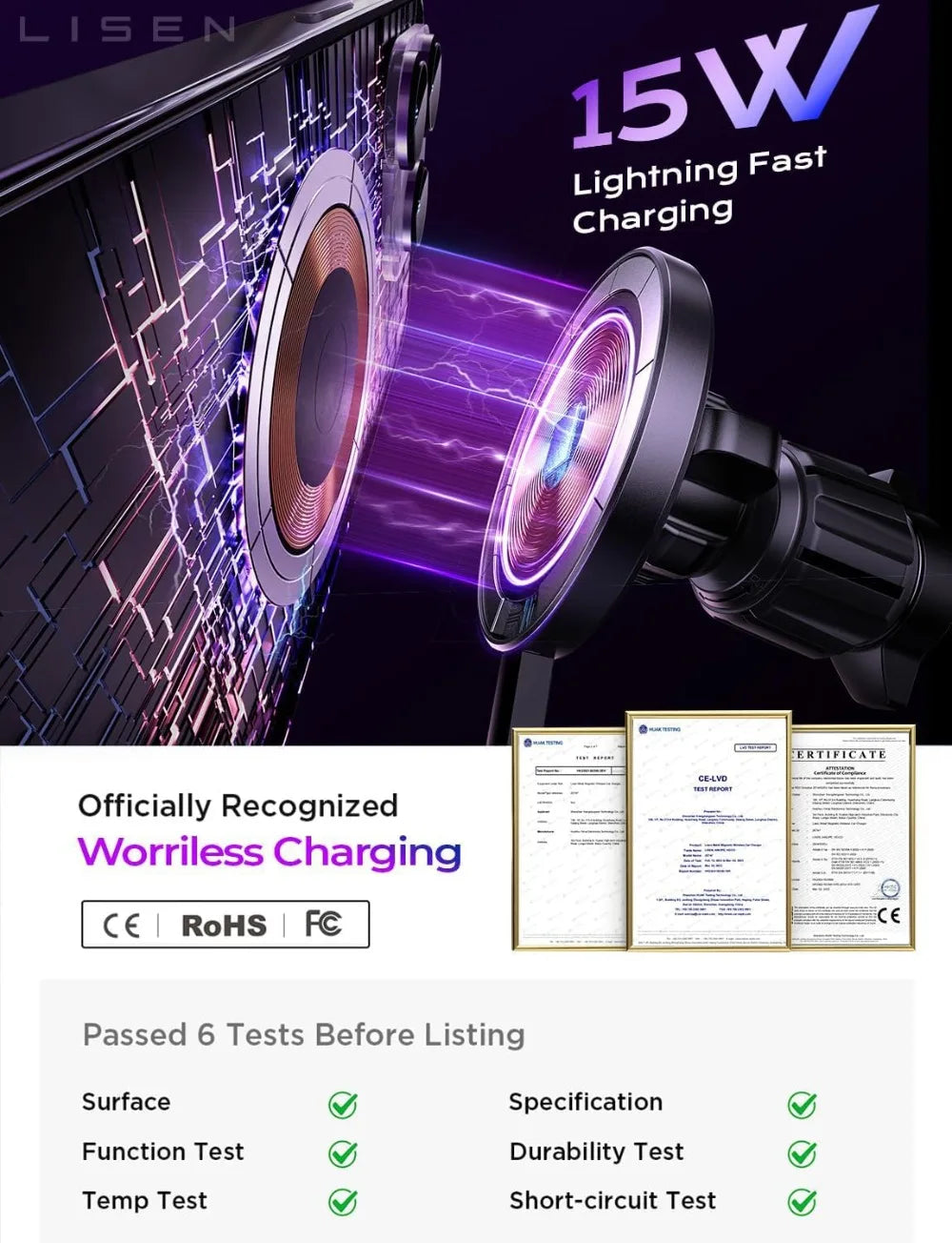 15W MagSafe Car Mount Charger, Magnetic Wireless Car Charger for iPhone 17-12, Samsung, Pixel, Car Phone Holder for Jeep Ford F150, Gifts