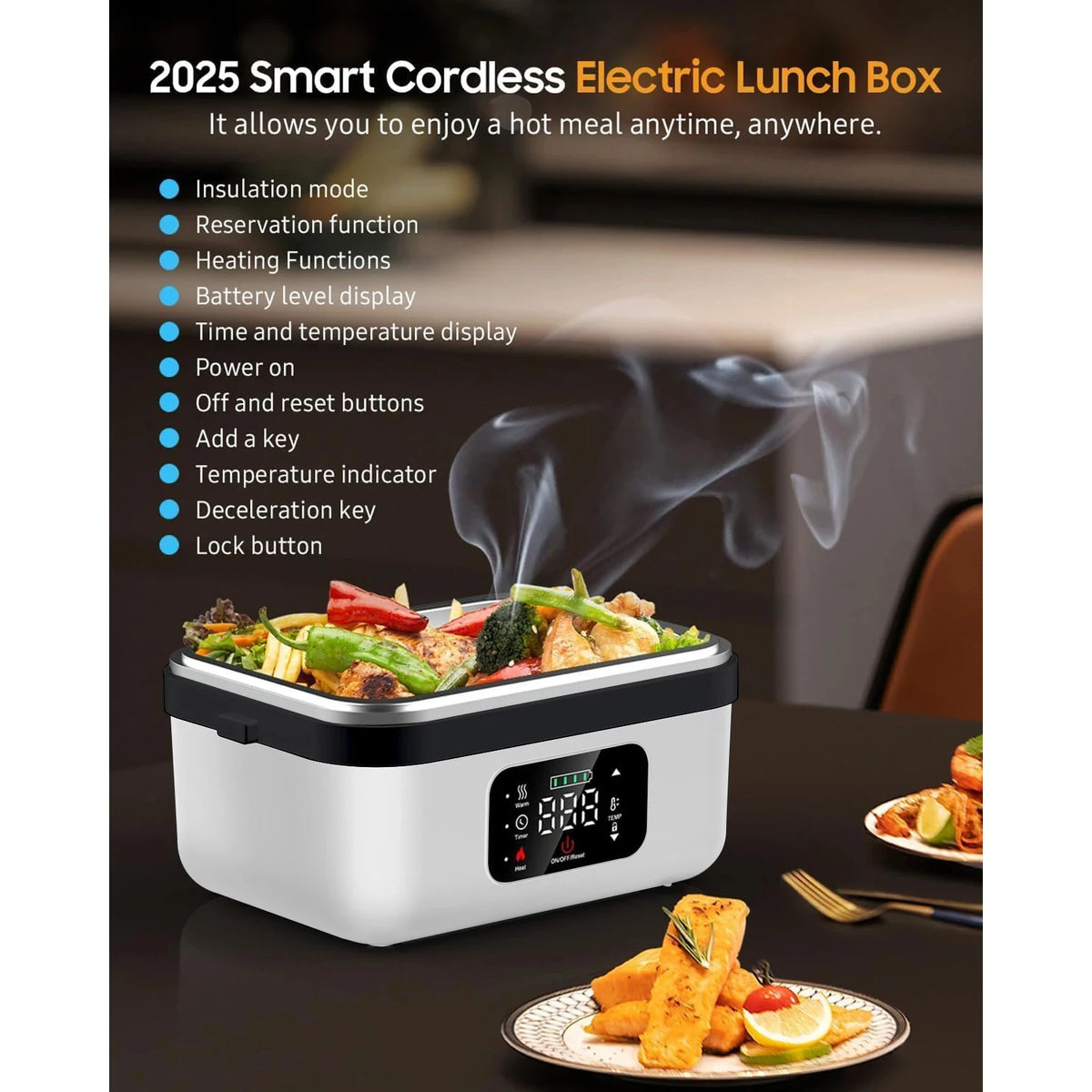 8000mAh Cordless Electric Lunch Box Portable Food Heater for Car Truck Driver 304 Stainless Steel Heated Bento Box for Outdoor Work