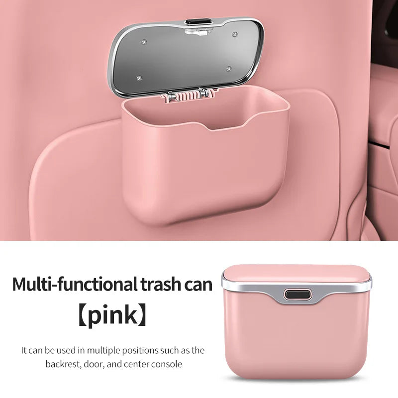 Multifunctional Car Trash Can with Lid Button, Hanging Storage Bin close-up view