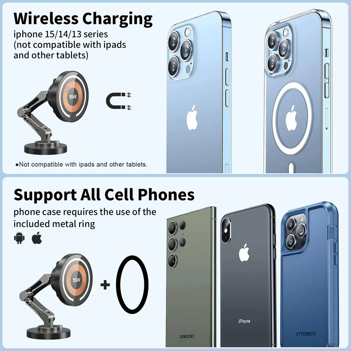 15W Magnetic Car Phone Holder Mount Wireless Charger Rotation Magnetic Car Phone St additional angle