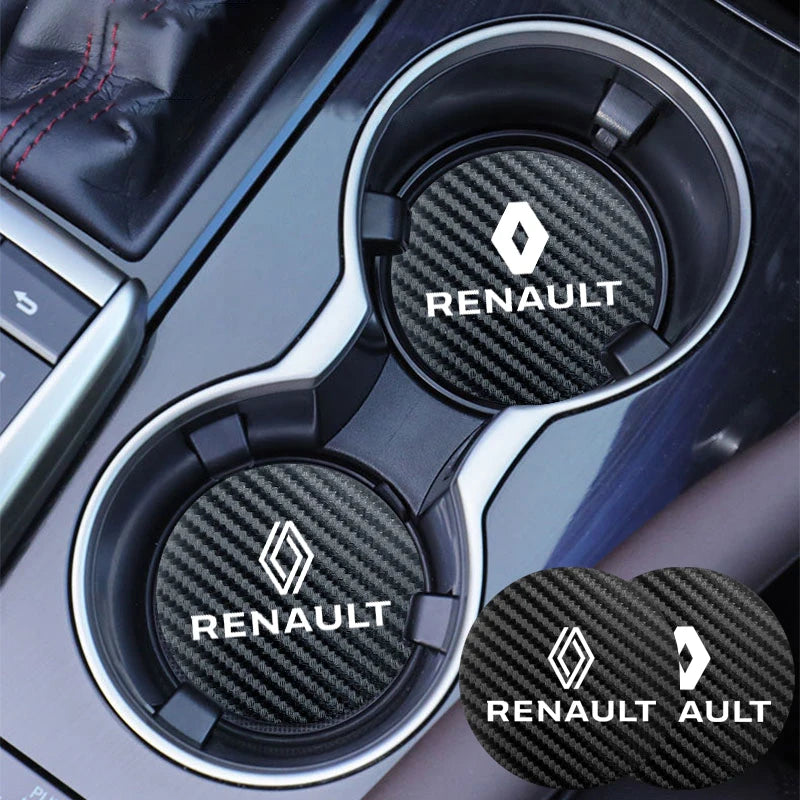 2Pcs Car Coasters Water Cup Mats Waterproof Slot Pads for Renault | PU Leather & Carbon Fiber