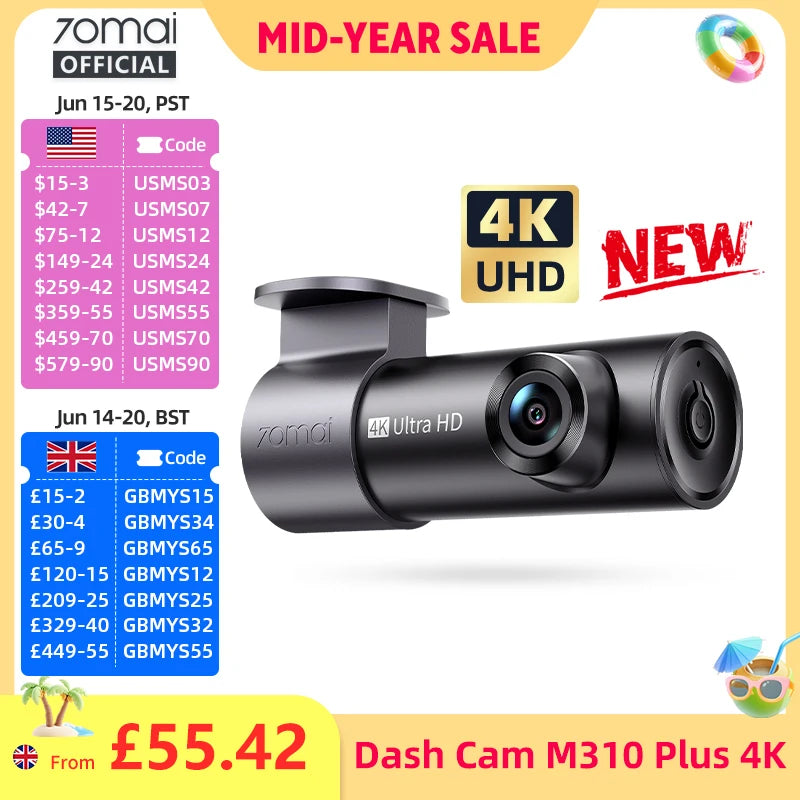 70mai M310 Plus 4K Dash Cam | True 4K 2160P with WDR and Voice Control