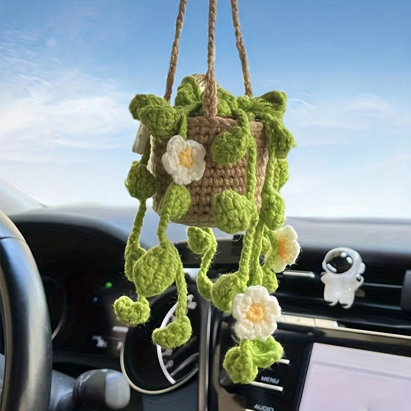 NEW Cute Potted Plants Crochet Car Basket Hanging Plant Crochet for Car Decor Car Ornament Rear View
