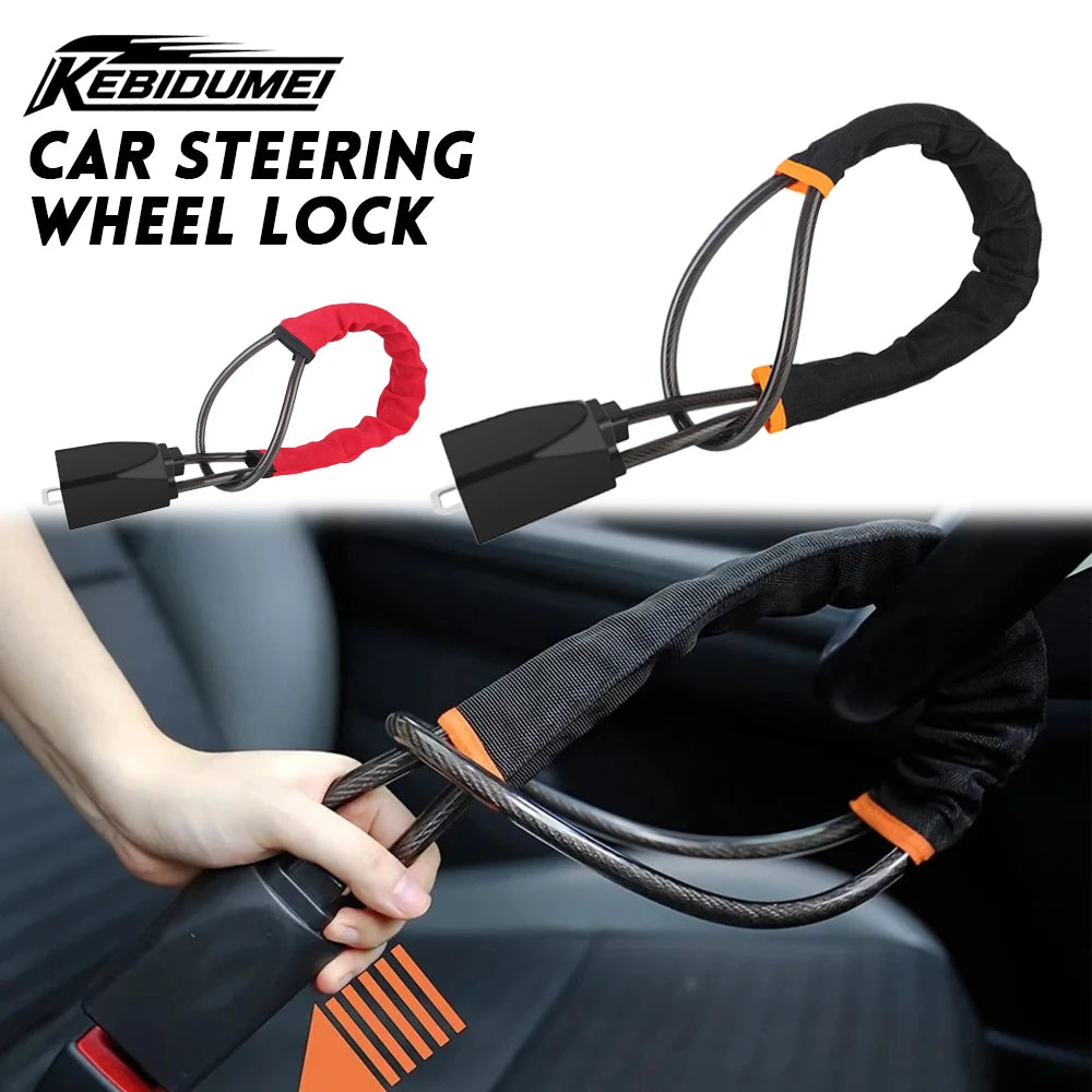 KEBIDUMEI Car Anti-Theft Seat Belt Lock Steering Wheel Lock Reinforced Steel Cable Lock Universal De