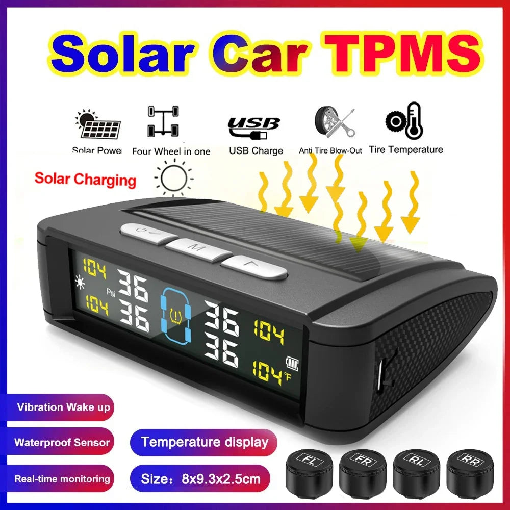 Car Tire Pressure Monitoring System | 4-Sensor TPMS with Solar Display
