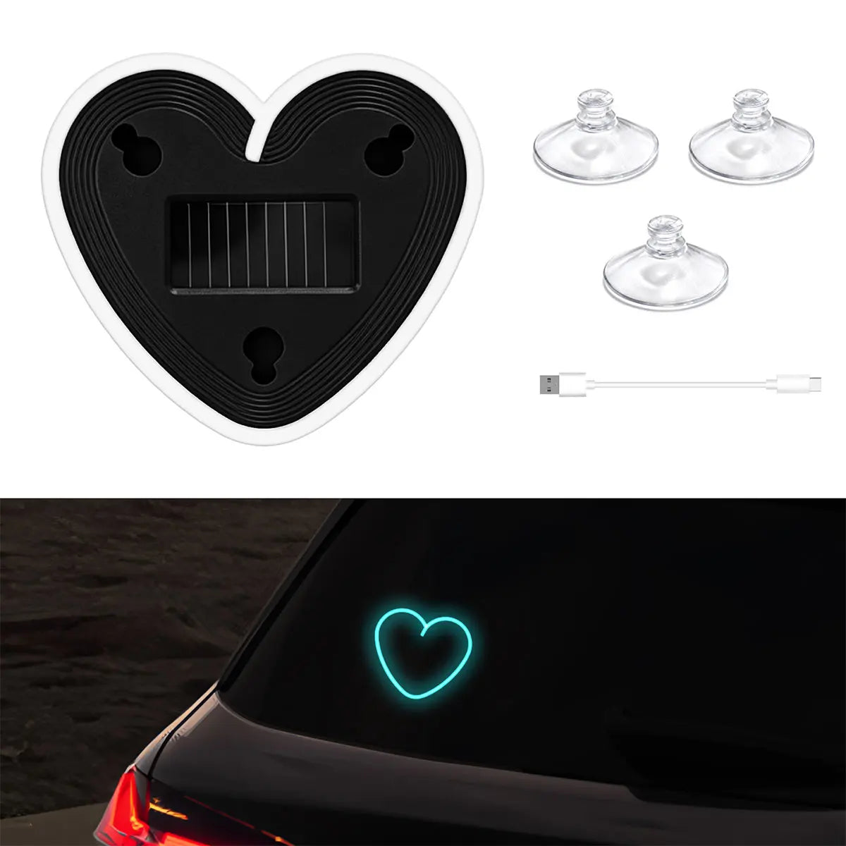 1pc Solar Powered Car Neon Light Striped Heart Lamp Led Ambient Light Wireless Suction close-up view