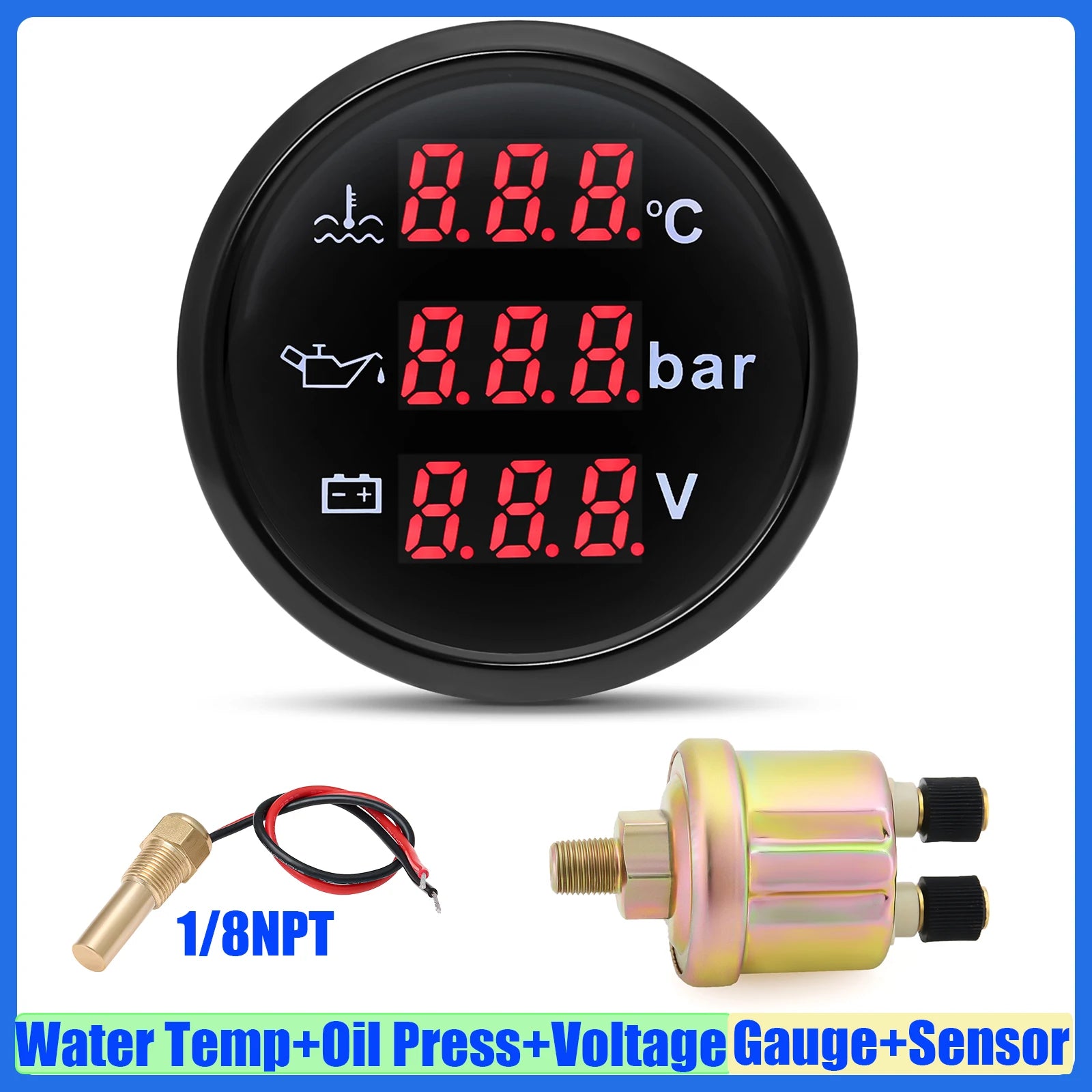 3 In 1 Digital Gauge Water Temperature Bar Oil Pressure Gauge With Alarm Voltmeter additional angle