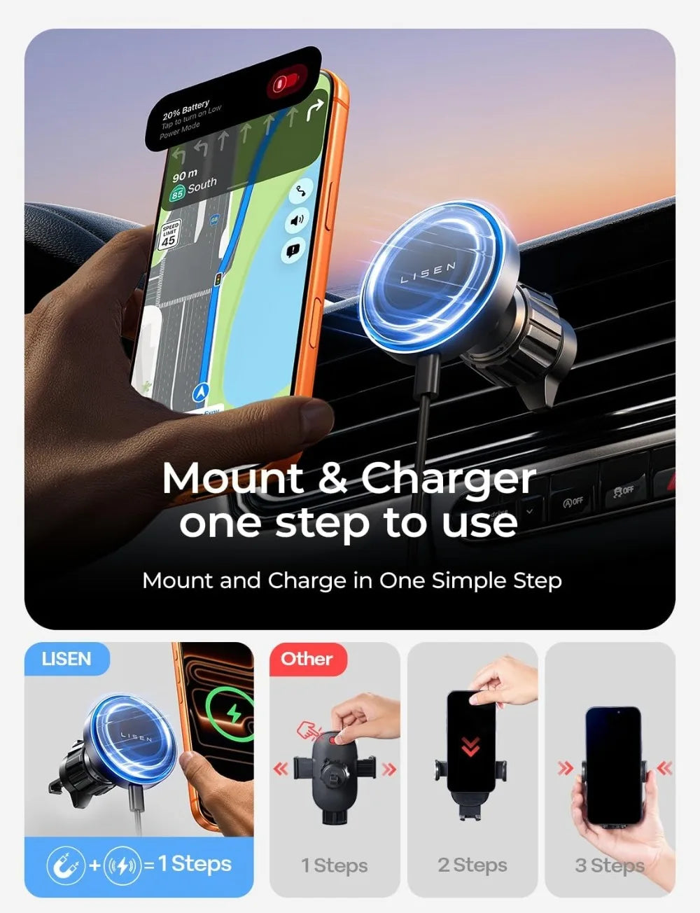 15W MagSafe Car Mount Charger, Magnetic Wireless Car Charger for iPhone 17-12, Samsung, Pixel, Car Phone Holder for Jeep Ford F150, Gifts