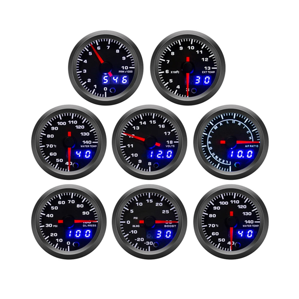 52mm 7 Color LED Tachometer Gauge Set | Boost, Water Temp, Oil Temp, Oil Pressure, Voltmeter, EGT, A