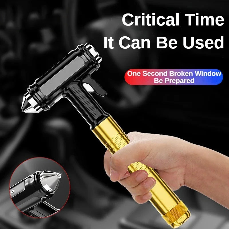 Car Safety Hammer with Seat Belt Cutter and Window Breaker close-up view
