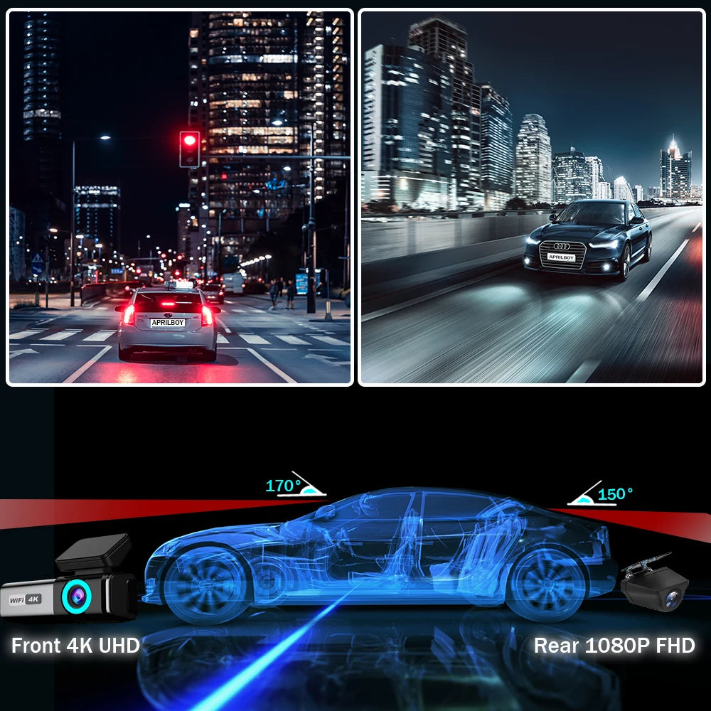 Aprilboy WIFI GPS Car Dash Cam HD 4K Car DVR Front and Rear Dual Lens Auto Car Camera Night Vision G-Sensor 24H Parking Monitor