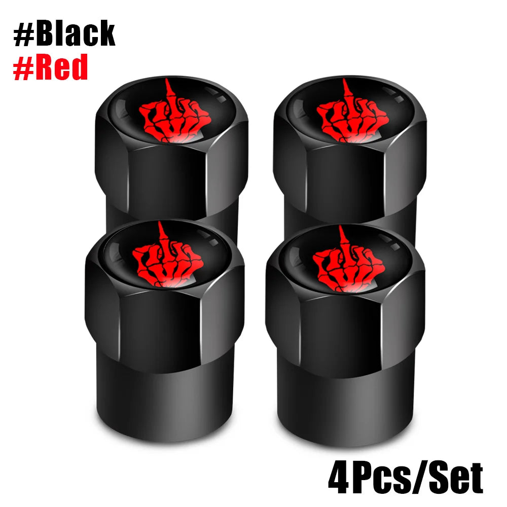 Red Skull Valve Stem Caps | 4-Pack Aluminum Alloy Tire Valve Covers for Cars, Trucks, close-up view
