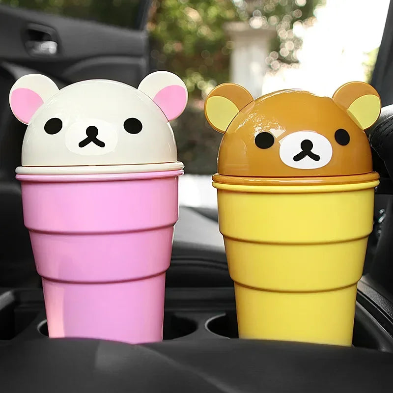 Cute Bear Car Trash Can Cup, ABS, Pink or Yellow