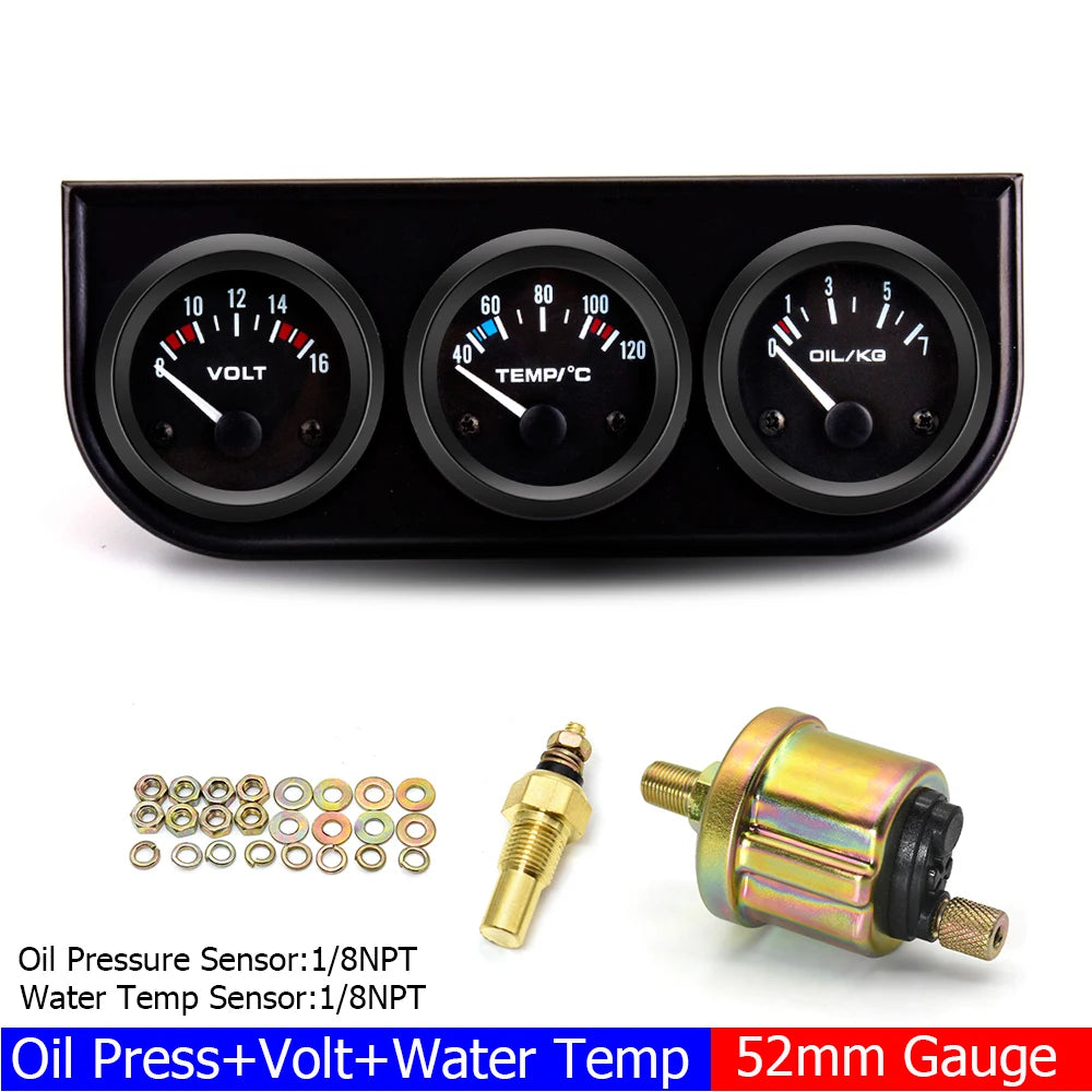 2" 52MM Triple Gauge 3 In 1 Water Temp Oil Pressure Oil Temperature Gauge | Racing Car Gauge Kit