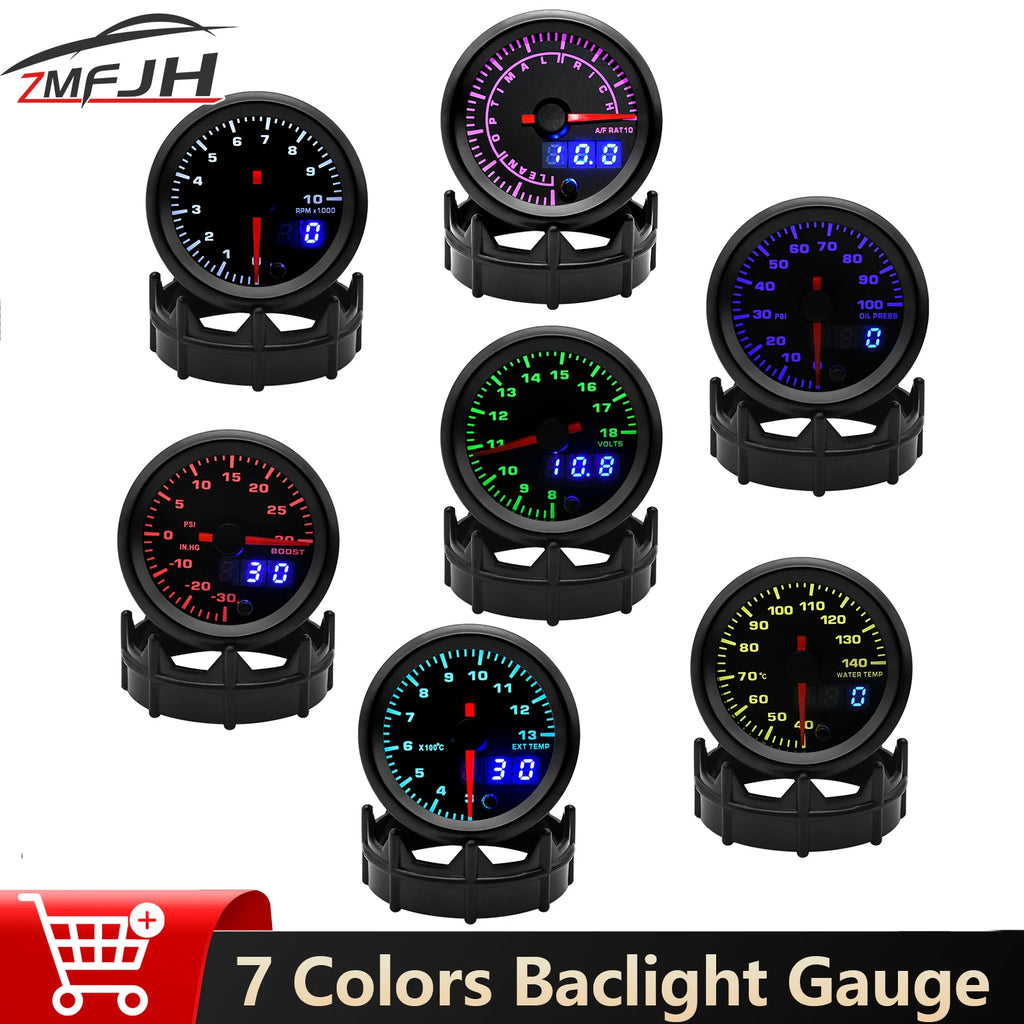 52mm 7 Colors LED Boost Water Oil pressure Voltmeter Air fuel Ratio EXT Temp Gauge Tachometer Dual Display Auto Car Gauge Pods