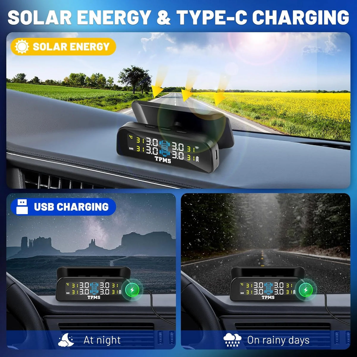 Solar Tire Pressure Monitoring System with 4 External Sensors | Real Time TPMS for Car close-up view