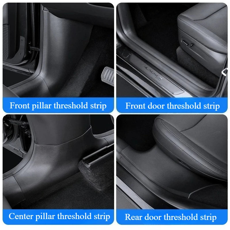 For Tesla Model Y Juniper 2025 Front Rear Door Sill Protector Threshold Strip A Pillar close-up view